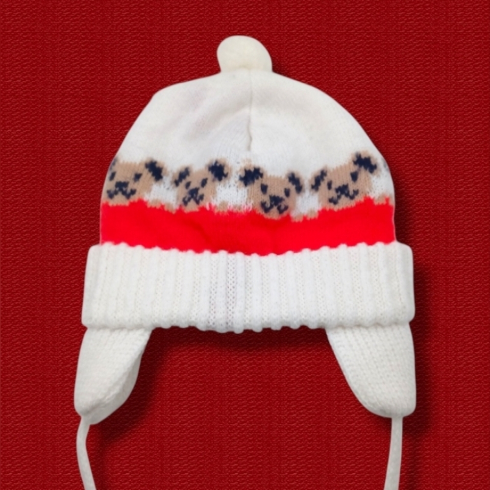 Teddy Bear Knit Ear Flaps Pom Winter Trapper Hat Newborn Baby Infant Holiday VTG